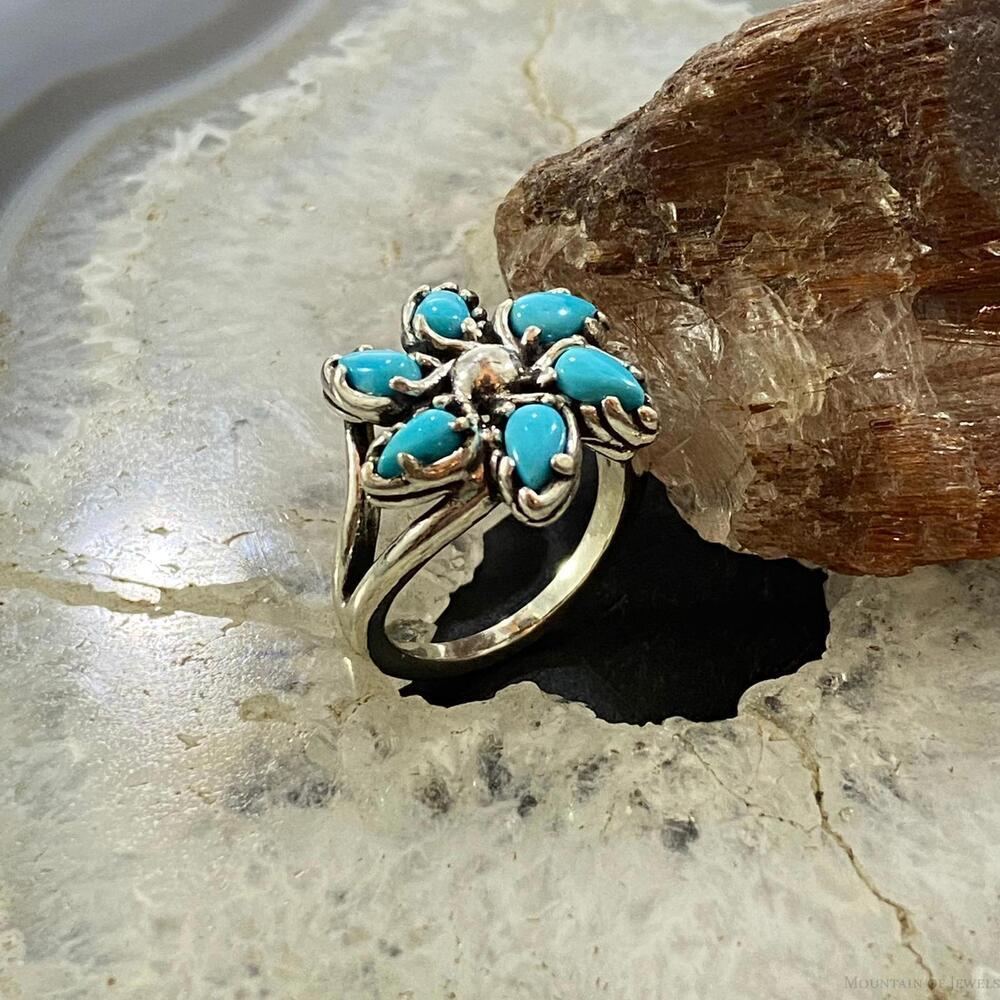 Carolyn Pollack Vintage Sterling Sleeping Beauty Turquoise Flower Cluster Ring - Picture 3 of 10